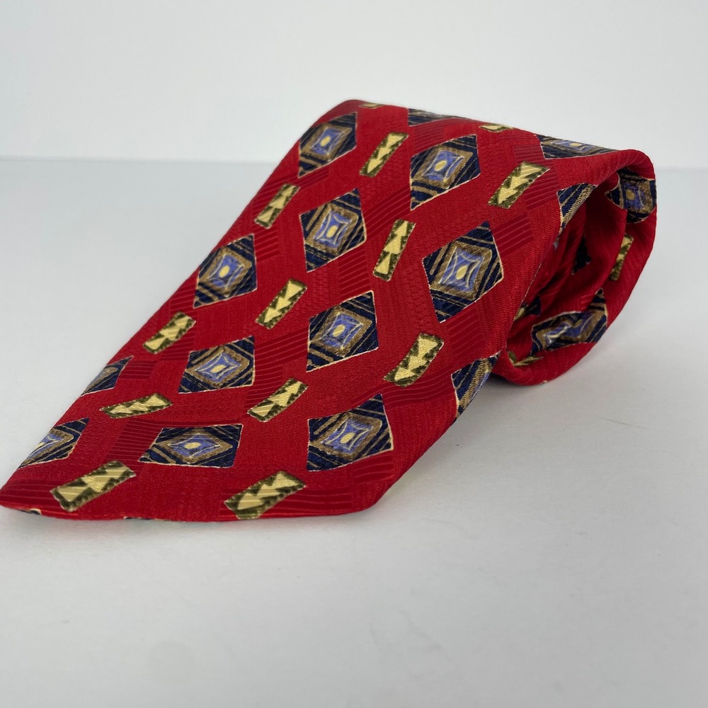 Studio S Mens Silk Necktie Red Geometric Diamond Navy Gold Classic 4 Inch Width